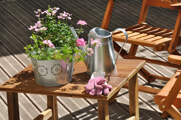 potée, arrosoir et gants de jardinage sur terrasse © coco