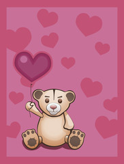 Teddy bear and red heart balloon.