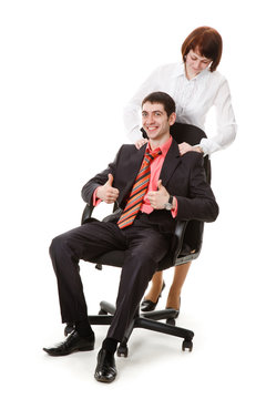 Woman doing massage young, smiling man.