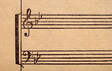 Naklejka premium music notes on old paper sheet, to use for the background