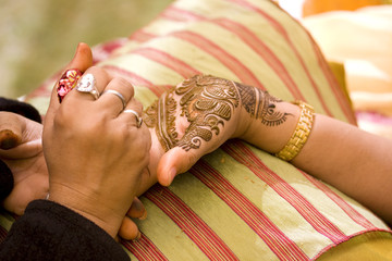 applying henna on hand, Hindu wedding , Rajasthan , India	