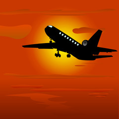 airplane on red sky vector illustration