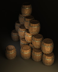 Wooden barrels, isolated on black 3d