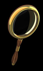 Golden magnifying glass isolated on black.
