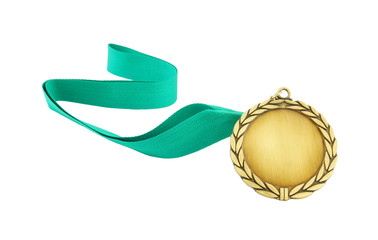 Gold medal with green ribbon isolated on white
