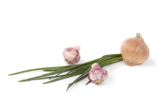 onion and garlic isolated on white