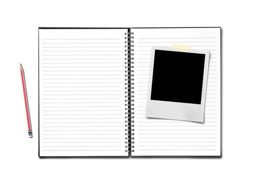 Blank open notebook and pencil on white background.