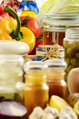 Spices and vegetables on kitchen table