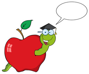 Happy Graduate Worm In Apple With Speech Bubble