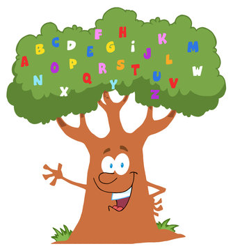 Happy Cartoon Tree Character With English Alphabet