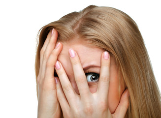 Close-up portrait of the scared woman.