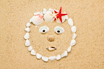 Fototapeta na wymiar smile of shells on the sand. funny smile