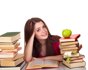 Teen girl with lot of books, isolated on white