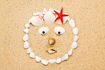 Fototapeta na wymiar face of shells on the beach. funny smile