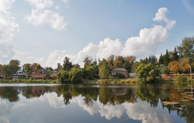Fototapeta na wymiar Small autumn village landscape