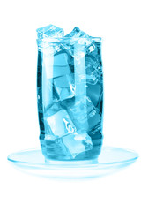 Glass of iced mineral water with ice cubes on white background