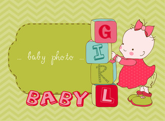 Baby Girl Arrival Card with Photo Frame in vector