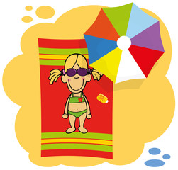 Little cute girl is getting tan on the beach