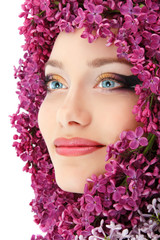 woman beautiful face with flower lilac border