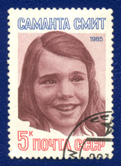 Portrait of Samantha Smith on the post stamp printed in USSR