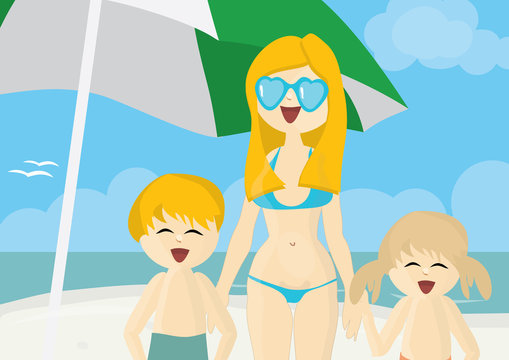 Happy mother with children on a beach