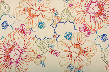 colorful floral design embroidery on fabric, textile , Jaipur, Rajasthan, India	