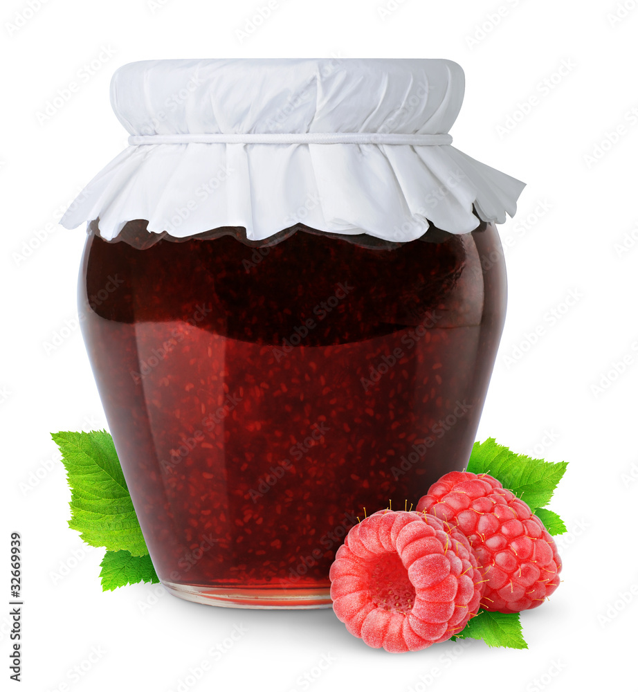 Poster isolated fruit jam. closed glass jar of raspberry jam isolated on white background