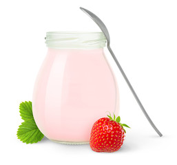 Isolated yogurt. Open glass jar of fruit yogurt with a spoon and fresh strawberry isolated on white...