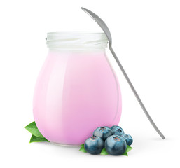Isolated yogurt. Open glass jar of fruit yogurt with spoon and fresh blueberries isolated on white...