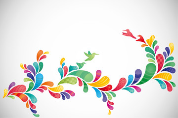 Abstract background w/ colourful swirls morphing into birds I
