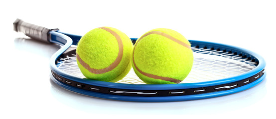 Tennis racket and balls isolated on white