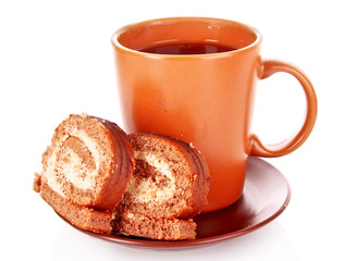 Piece of cake and coffee isolated on white