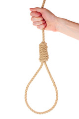 Suicide Noose in hand isolated on white