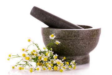 Mortar and pestle with flowers isolated on white