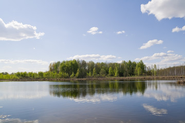Fototapeta na wymiar Reflections of the spring sky in wood lake