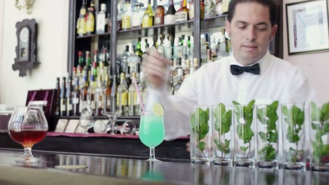 latin american barman leaning on counter