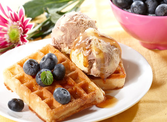 Waffles with blueberry and ice cream