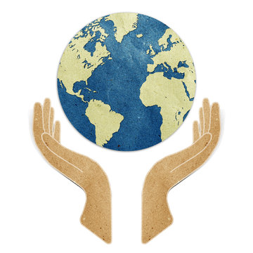 earth in hands recycled paper craft stick on white background