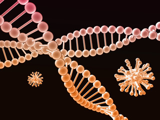 two DNA chains and viruses on black background