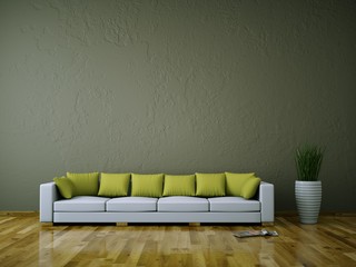 3d Rendering weißes Sofa mit grünen Kissen - obrazy, fototapety, plakaty