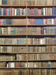 Rows of books on library shelves - obrazy, fototapety, plakaty
