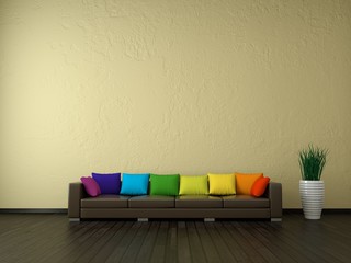 Braunes Leder Sofa mit bunten Kissen