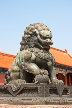 Bronze lion in Forbidden City. Beijing