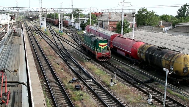 Shunting locomotive at a railway station