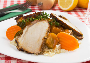 Roasted meat with rice and vegetables
