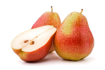 Three pears, arranged in a group, isolated, white background