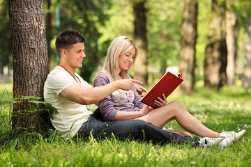 Boyfriend and girlfriend reading a book in a city park