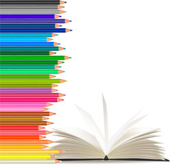 Background with color pencils and open book. Vector