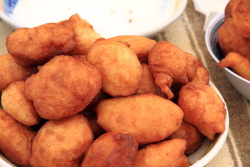 Sweets Typical bunuelos Puertomingalvo market Teruel Spain