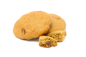 Oatmeal Cookies with Raisins and Crumbs Isolated on White